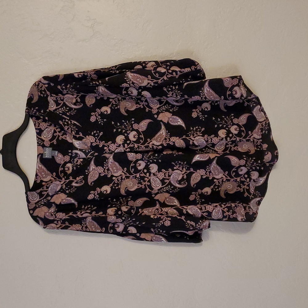 SOHO Jeans New York & Co BOHO BLACK Purple PINK 3/4 SLEEVE Paisley Blouse Large